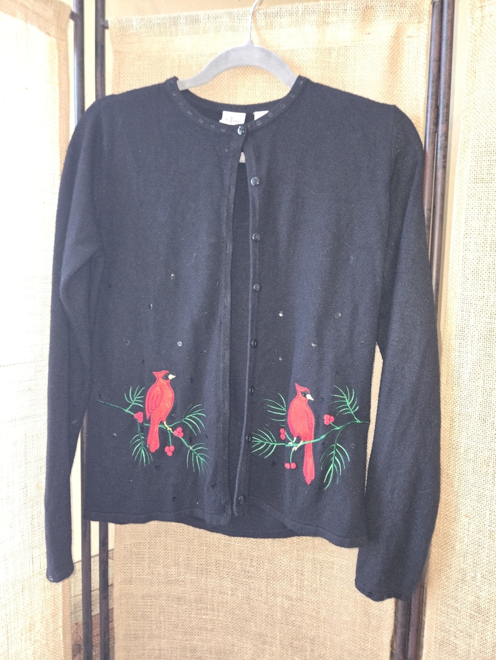 Women's Wish For Joy Black Cardigan Red Cardinal Embroidery Applique Sequin S